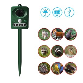 Ultrasonic Animal Repeller Solar Electronic Animal Repeller Outdoor Waterproof with Flashing LED Light USB Charging for Foxes Mice Birds Skunks