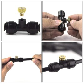 10PCS Misting Nozzles with Tees and Plug 1/4 Inch Misting Nozzles Kit Brass Mister Nozzles for Outdoor Garden Cooling Spray System