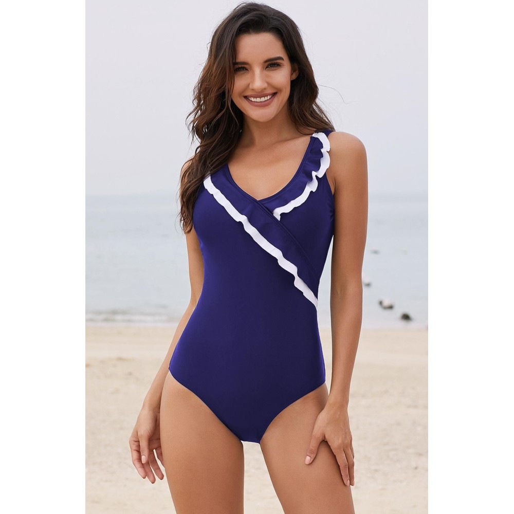 Blue Surplice Ruffled Detail Maillot