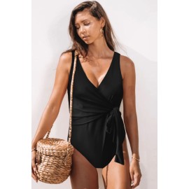 Black Wrap V Neck One-piece Swimwear