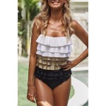 Colorblock Multi-layer Ruffles Hollow-out Back Maillot