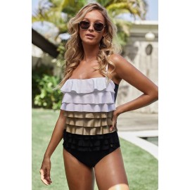 Colorblock Multi-layer Ruffles Hollow-out Back Maillot