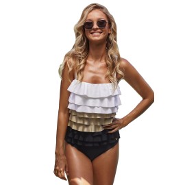 Colorblock Multi-layer Ruffles Hollow-out Back Maillot