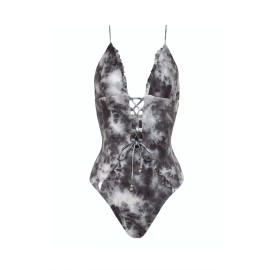 Gray Tie Dye Lace Up Front Plunging V One Piece Swimsuit