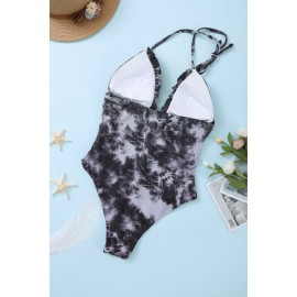 Gray Tie Dye Lace Up Front Plunging V One Piece Swimsuit