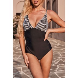 Black Ruffle V Neck Patchwork One Piece Swimwear