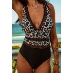 Leopard Splicing Deep V Neck Criss Cross One-piece Swimwear