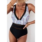 Black Floral Leopard Mesh Patchwork V Neck Criss Cross One-piece Swimwear