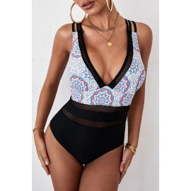 Black Floral Leopard Mesh Patchwork V Neck Criss Cross One-piece Swimwear