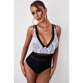 Black Floral Leopard Mesh Patchwork V Neck Criss Cross One-piece Swimwear