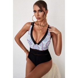 Black Floral Leopard Mesh Patchwork V Neck Criss Cross One-piece Swimwear