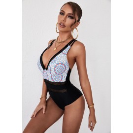 Black Floral Leopard Mesh Patchwork V Neck Criss Cross One-piece Swimwear