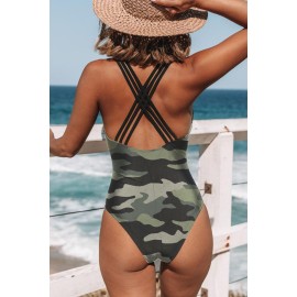 Camouflage Pattern Lattice Plunge One-piece Swimsuit