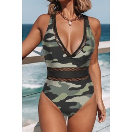Camouflage Pattern Lattice Plunge One-piece Swimsuit