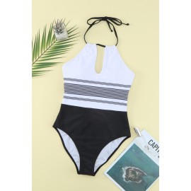 Halter Neck Striped Backless One-piece Swimwear
