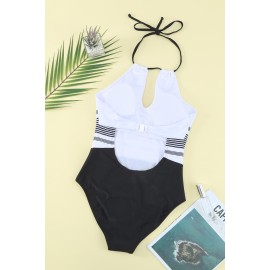 Halter Neck Striped Backless One-piece Swimwear